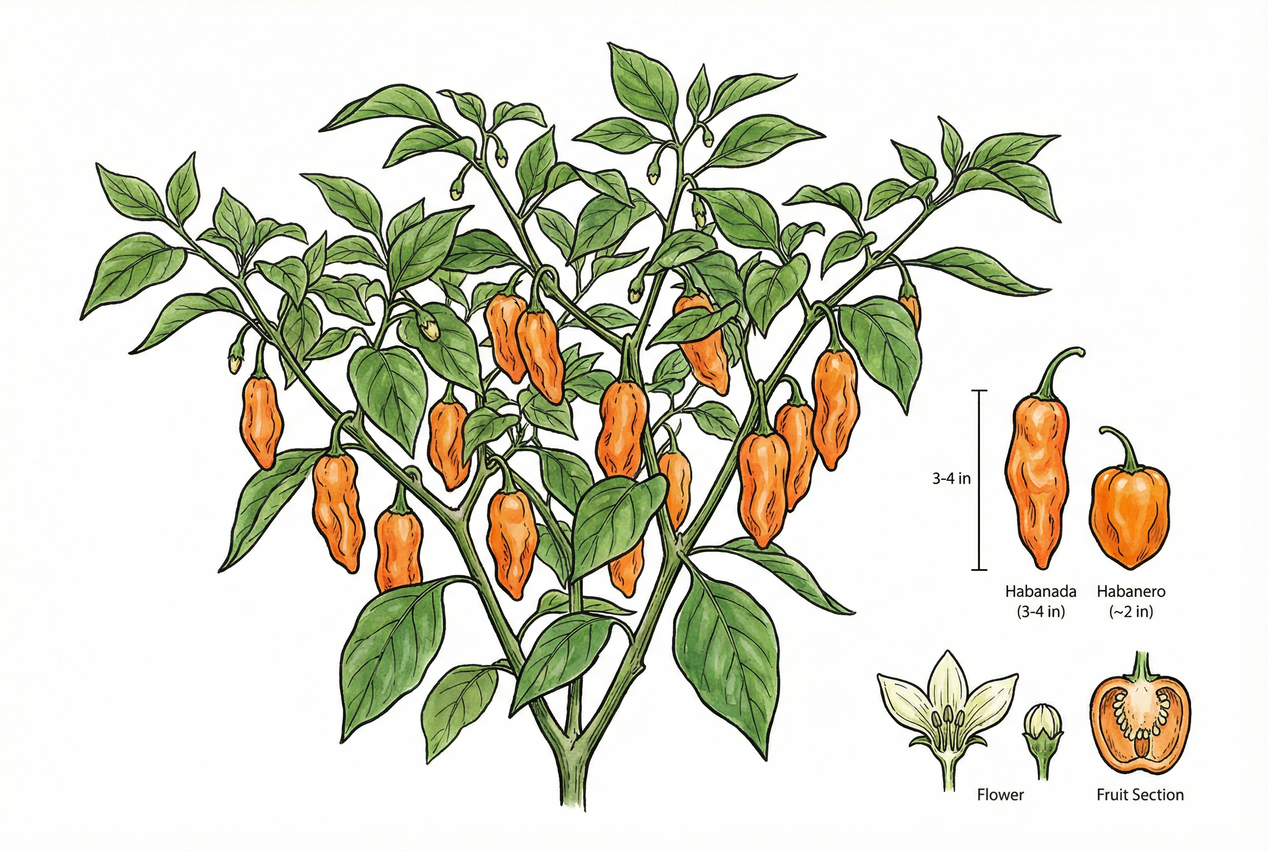 Compact Habanada plant with orange fruits compared to standard habanero