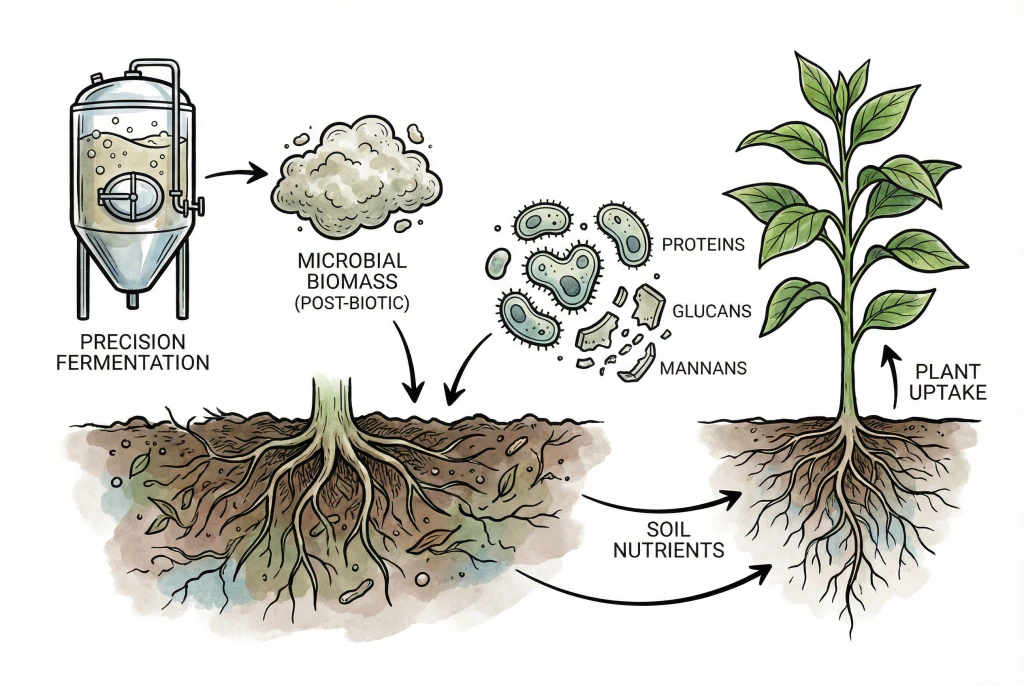 Dried microbial biomass fertilizer granules rich in protein and cell walls