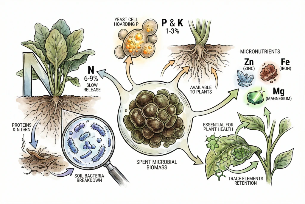 Nitrogen phosphorus and potassium nutrient breakdown of spent yeast biomass