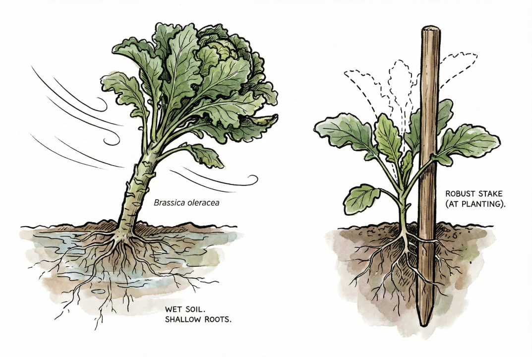 Tall Kalettes supported by strong wooden stakes