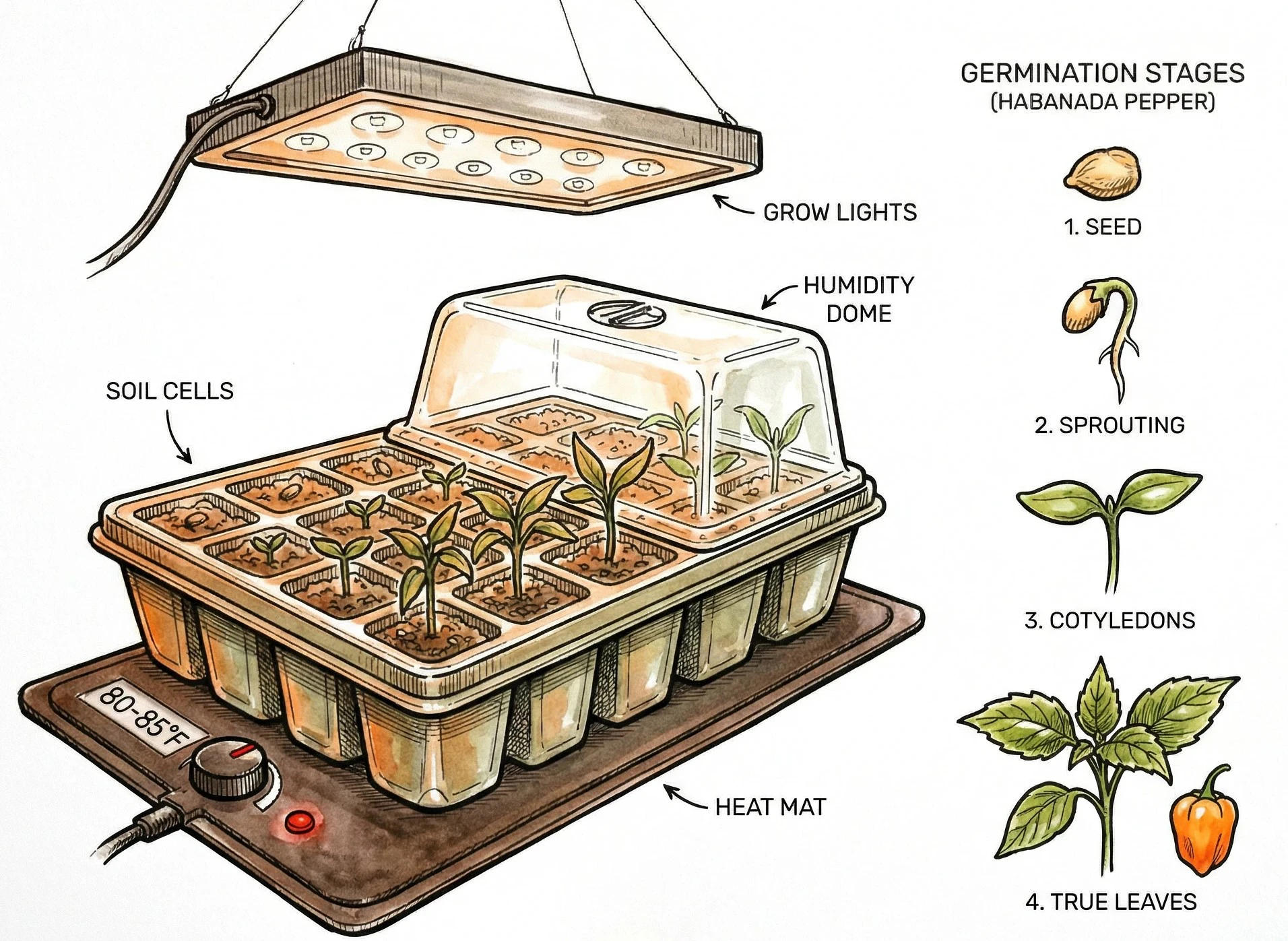Pepper seed germination setup with heat mat and lights