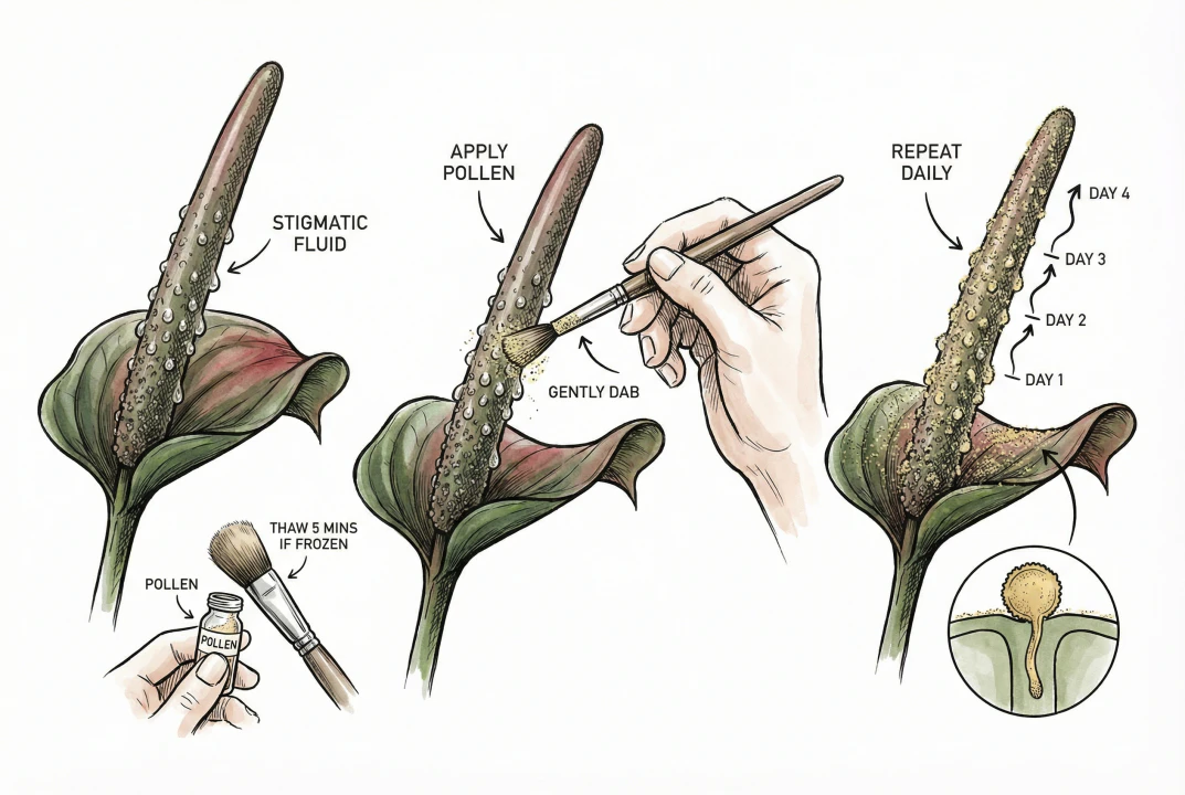 Applying pollen to receptive female spadix