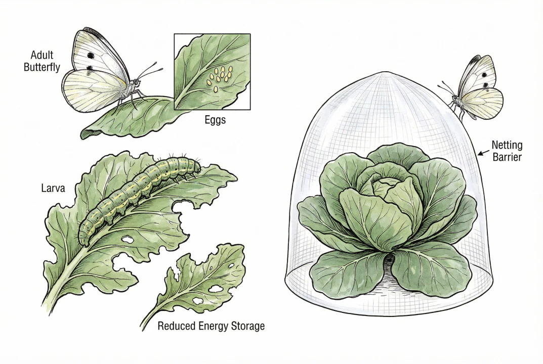 Garden netting protecting plants from white butterflies