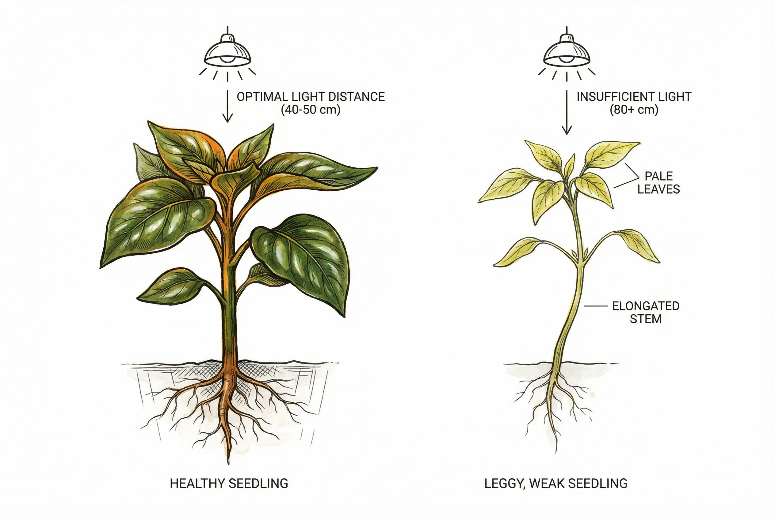 Healthy versus leggy pepper seedling comparison