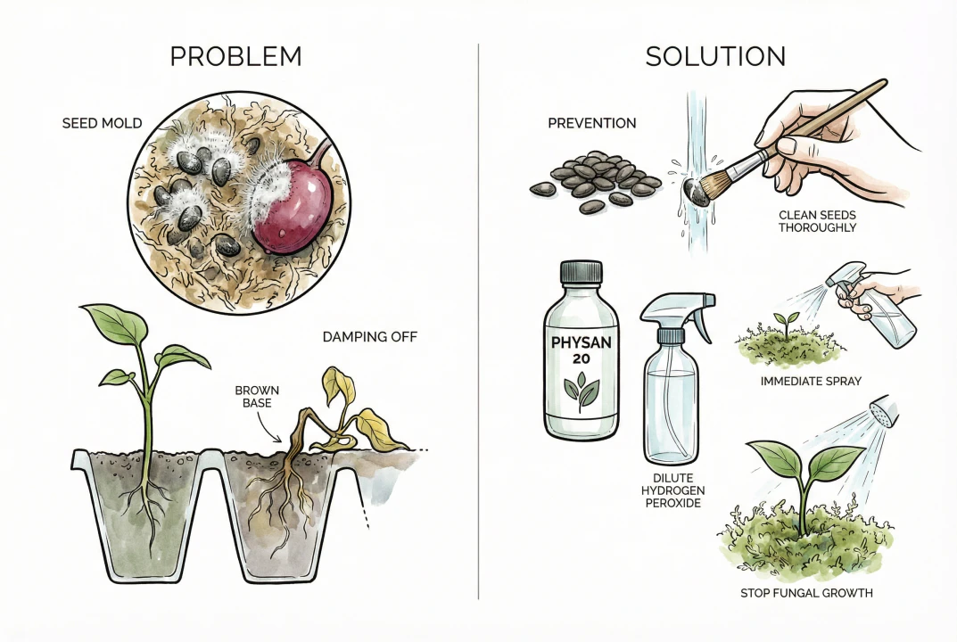 Healthy seedlings compared to seedlings with damping off fungus