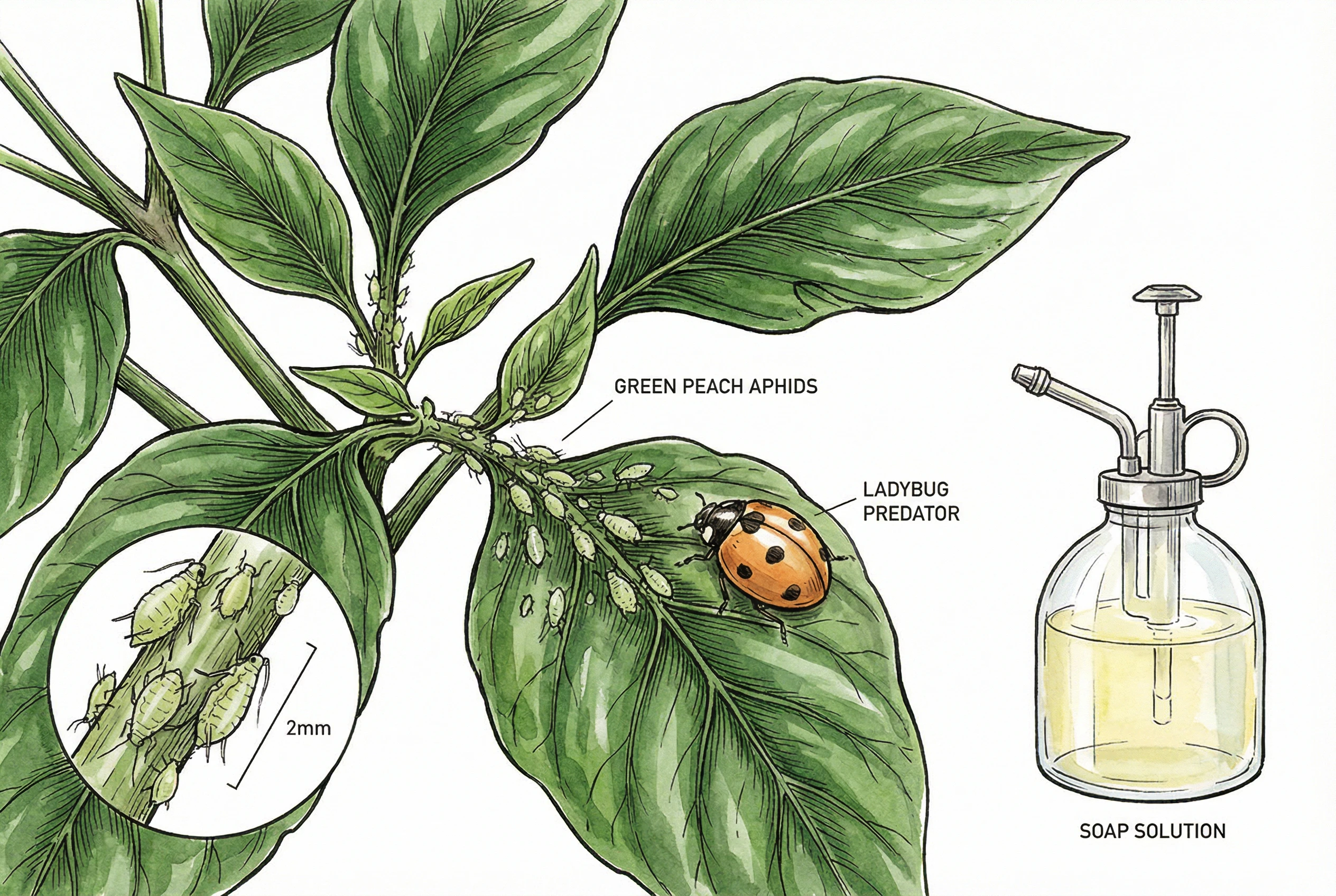 Aphid infestation on pepper leaves with organic treatment
