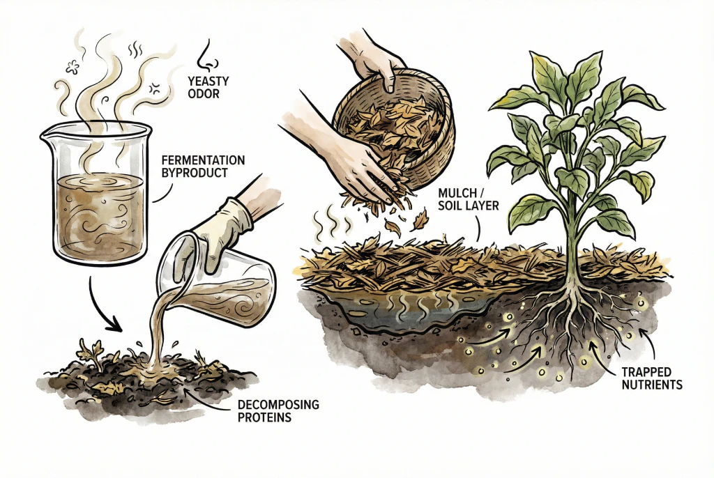 Covering fertilizer with mulch to prevent yeast odors