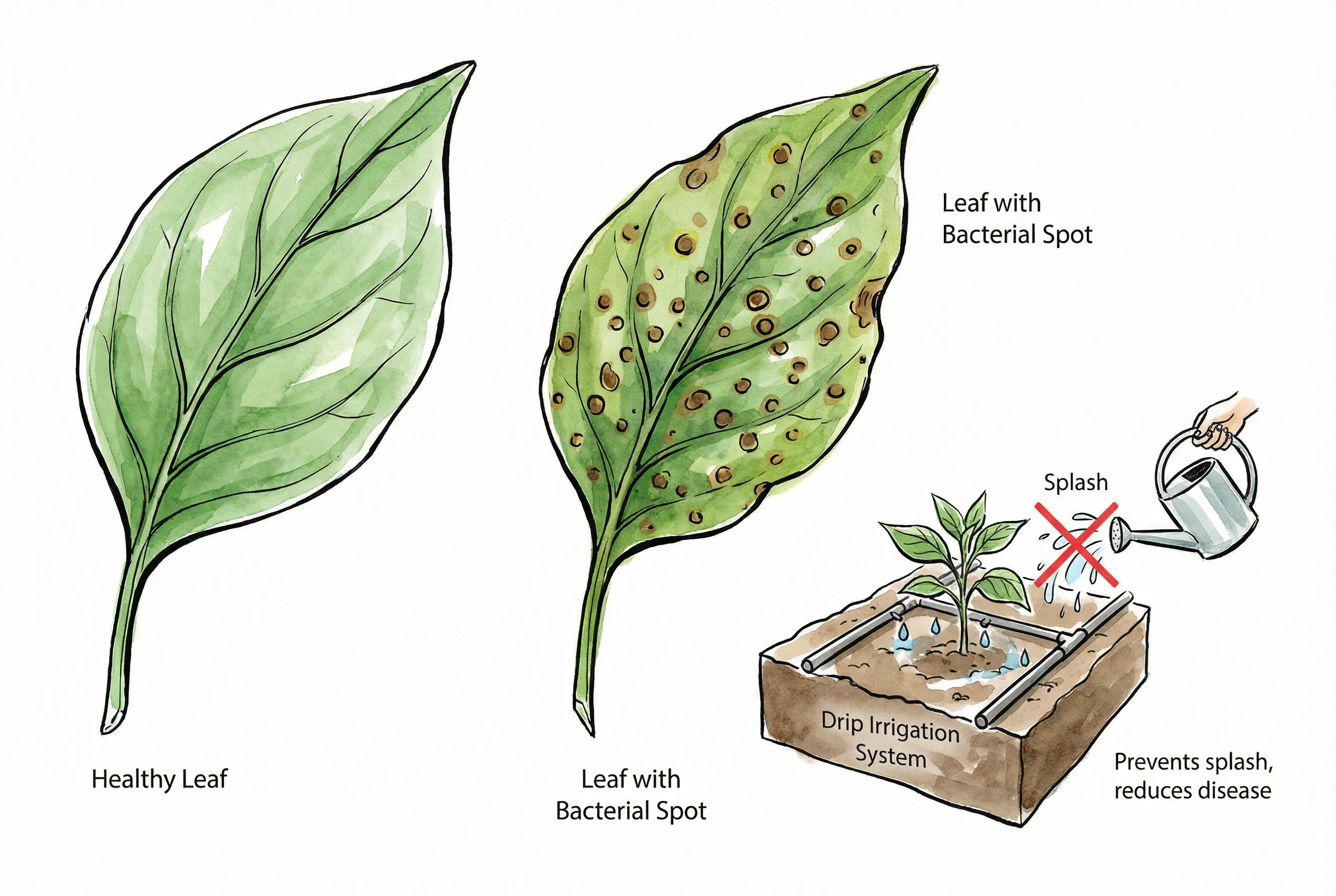 Bacterial leaf spot symptoms on pepper foliage