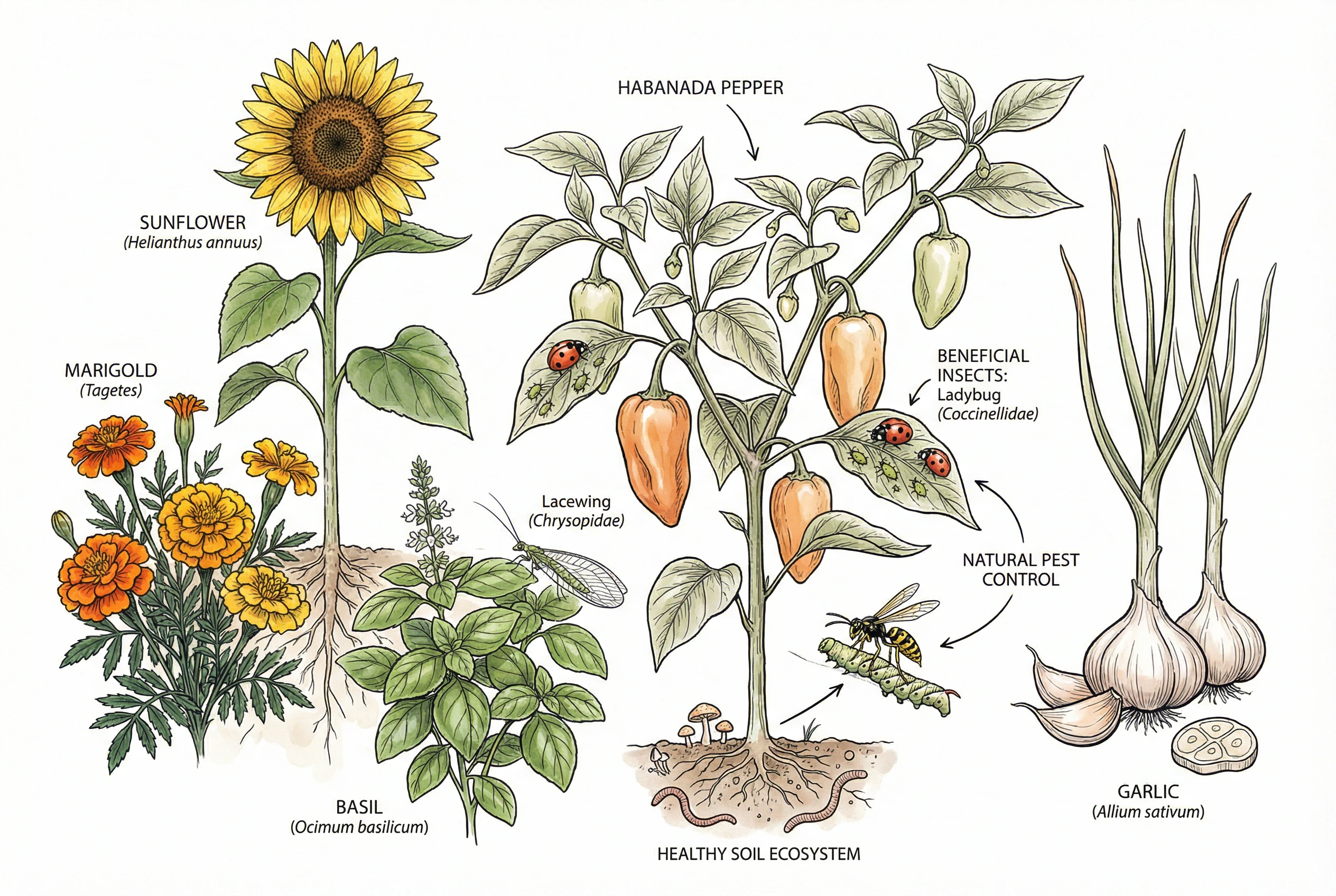 Beneficial companion plants surrounding Habanada peppers