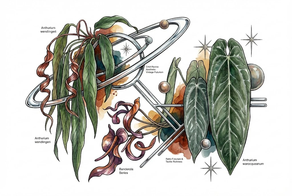 Anthurium wendlingeri, twisting Banderola blooms, and velvety Anthurium warocqueanum integrated with retro-futuristic chrome rings and geometric lines