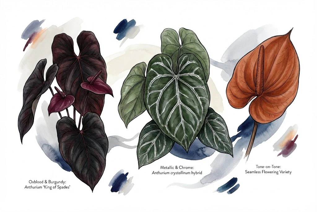 a dark burgundy Anthurium 'King of Spades', a metallic silver-veined Anthurium crystallinum hybrid