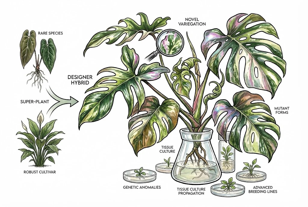 a variegated "super-plant" in a tissue culture flask, resulting from crossing a "Rare Species" and a "Robust Cultivar"