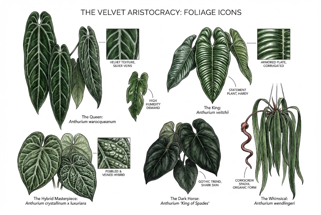 the velvety A. warocqueanum (The Queen), the corrugated A. veitchii (The King), the textured A. crystallinum x luxurians hybrid, the dark A. 'King of Spades', and the cascading A. wendlingeri with its corkscrew spadix.