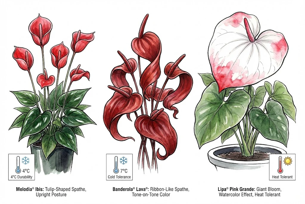 three flowering Anthuriums: Melodia® Ibis with tulip-shaped red blooms, Banderola® Lava® with twisting ribbon-like red spathes, and the giant Lipa® Pink Grande