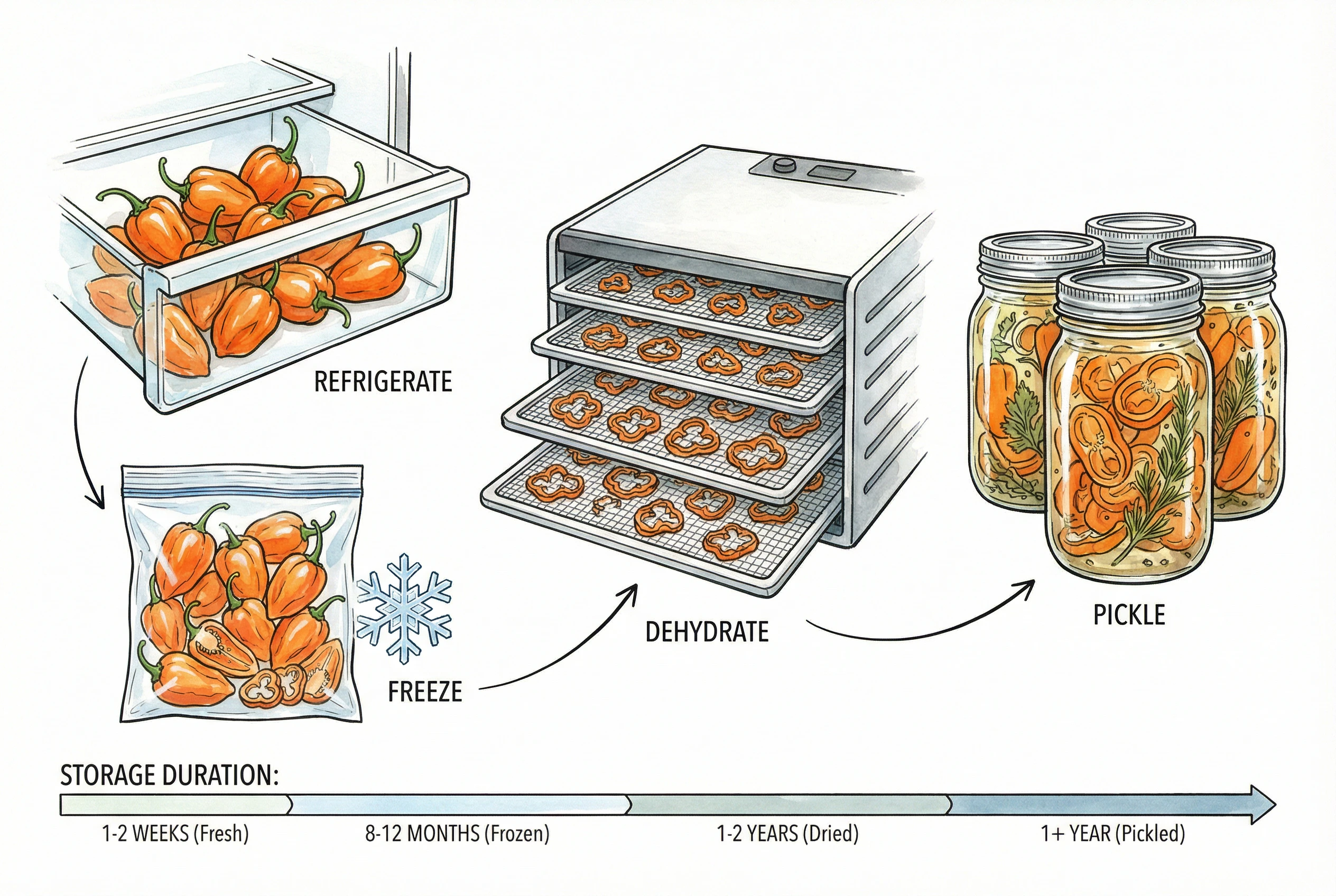 Multiple pepper preservation methods including freezing and drying