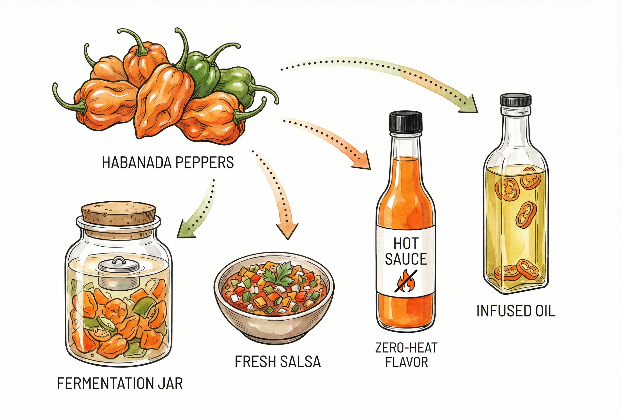 Habanada peppers processed into sauces and fermented products