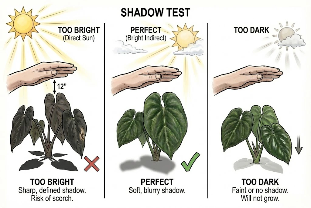 Anthurium King of Spades Care Guide:Illustrations of using hand shadows to determine if light is too bright, perfect, or too dark.