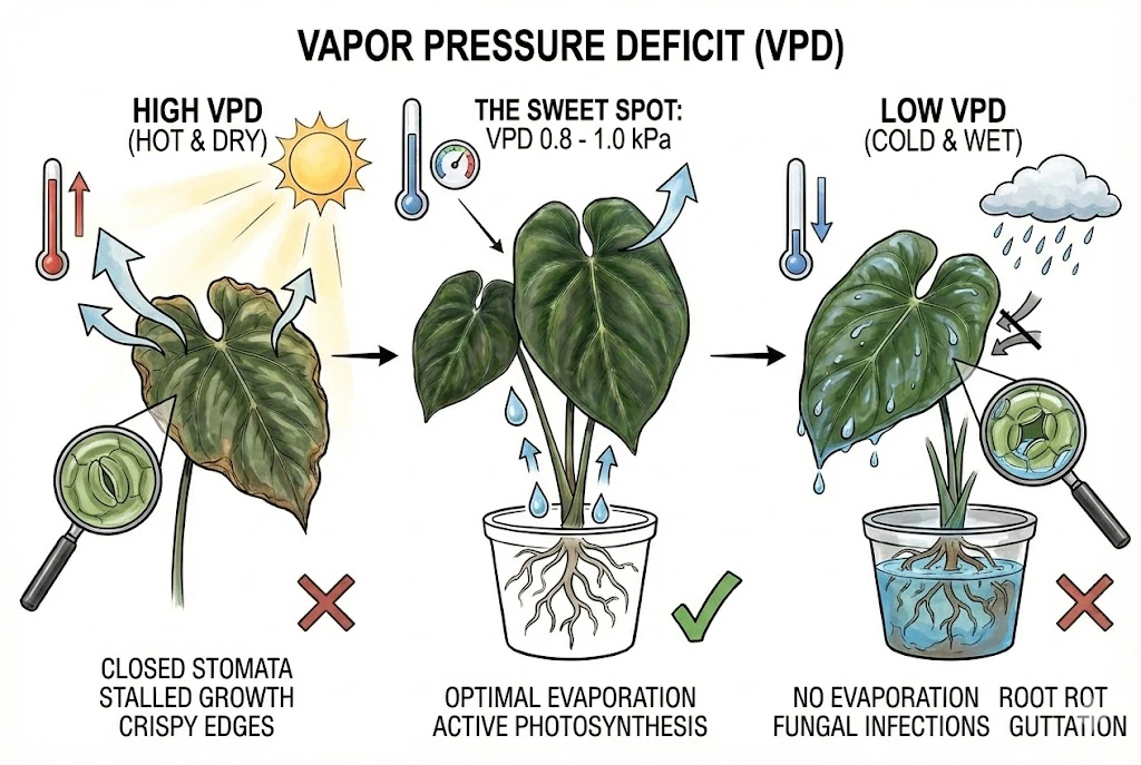 Anthurium King of Spades Care Guide:A flow diagram illustrating the effects of high, optimal, and low Vapor Pressure Deficit on the leaf.