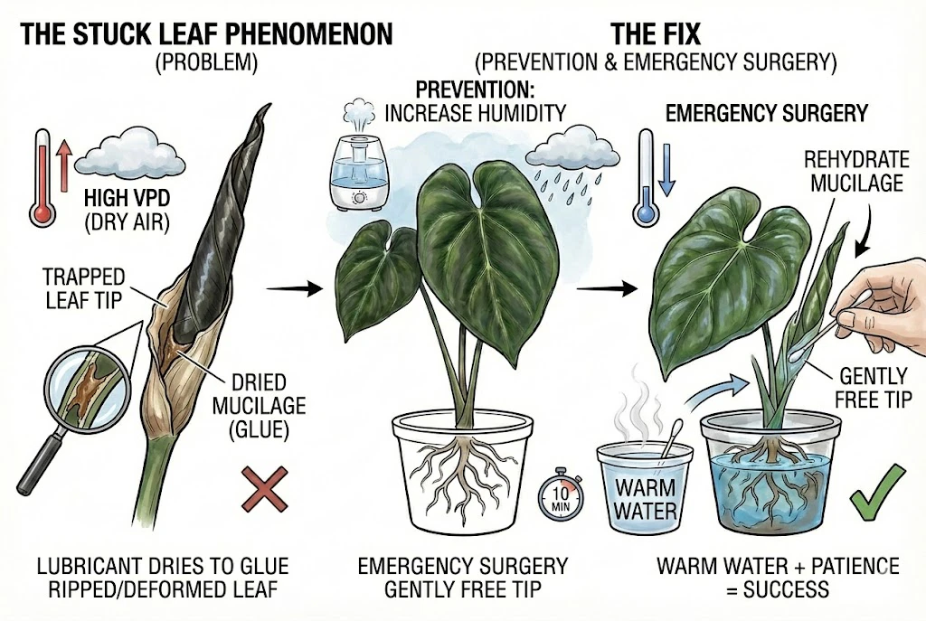 Anthurium King of Spades Care Guide:Illustrations showing a leaf stuck in its sheath due to dry air and how to free it with warm water.