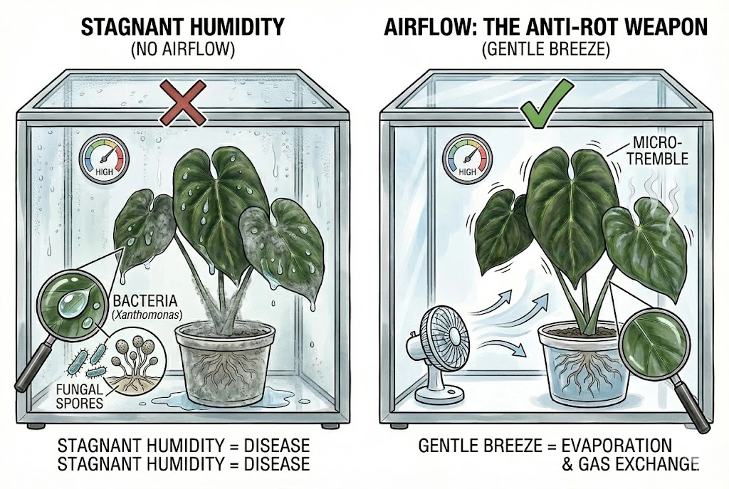 Anthurium King of Spades Care Guide:A comparison of a diseased plant in stagnant humidity versus a healthy plant with gentle airflow.