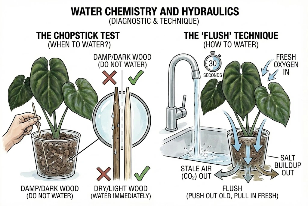 Anthurium King of Spades Care Guide:Diagrams showing how to use a chopstick to check soil moisture and the proper flushing technique for watering.