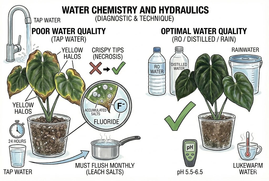 Anthurium King of Spades Care Guide:A comparison of leaf damage from tap water versus healthy leaves grown with pure water sources.