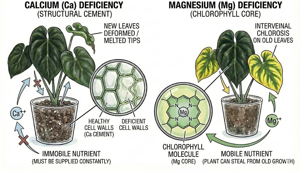 Anthurium King of Spades Care Guide:Illustrations showing the visual symptoms of Calcium deficiency on new leaves and Magnesium deficiency on old leaves.