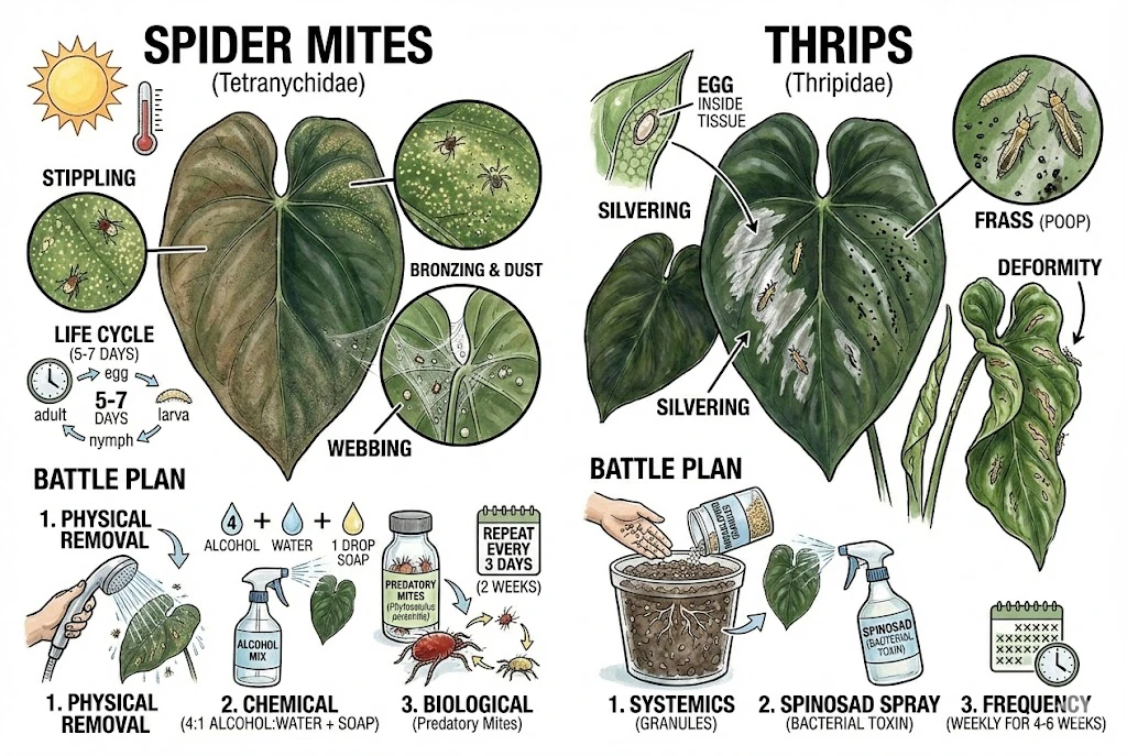 Anthurium King of Spades Care Guide:Panels detailing the identification symptoms and treatment plans for Spider Mites and Thrips pests.