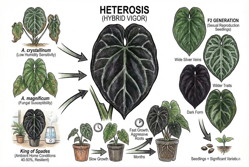Anthurium King of Spades Care Guide:Illustrations comparing the resilient hybrid plant to its fussier parent species.