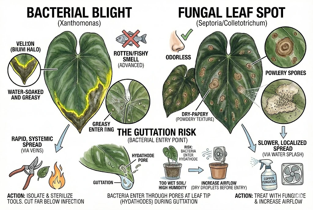 Anthurium King of Spades Care Guide:A comparison guide distinguishing between bacterial blight symptoms and fungal leaf spot symptoms.