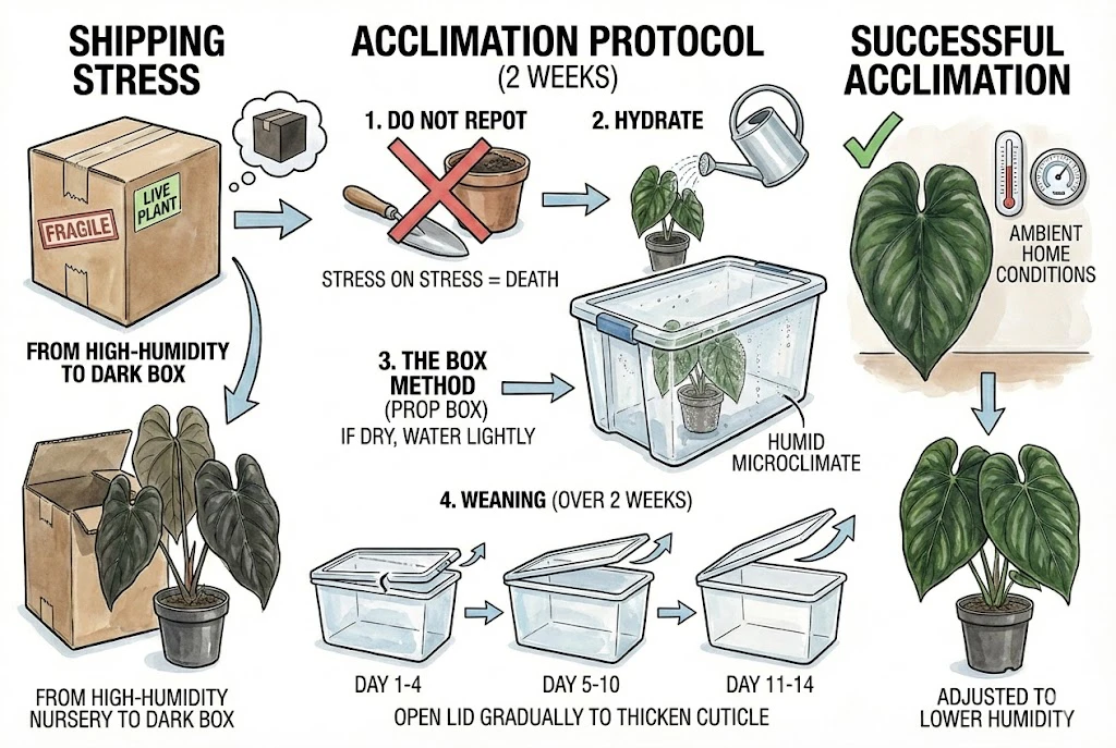 Anthurium King of Spades Care Guide:A timeline illustrating the steps for acclimating a shipped plant using a humidity box.