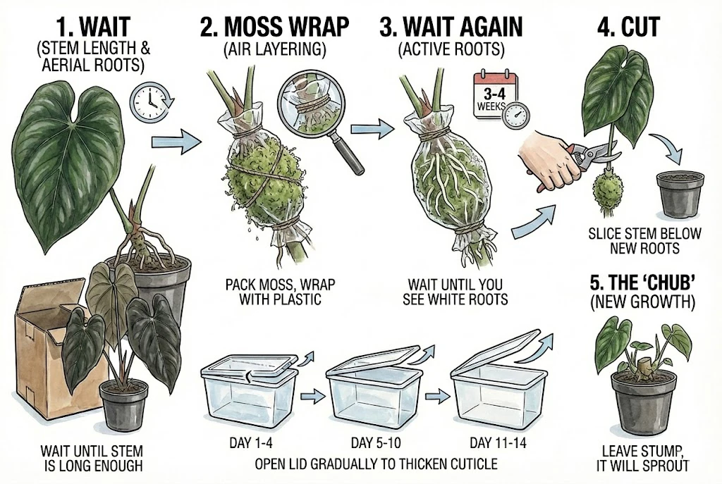 Anthurium King of Spades Care Guide:A step-by-step guide on how to propagate the plant using the air layering method on the stem.
