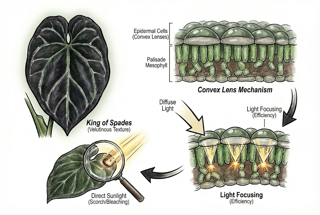 Anthurium King of Spades Care Guide:Diagrams explaining the velvet leaf texture and how its cells focus light.