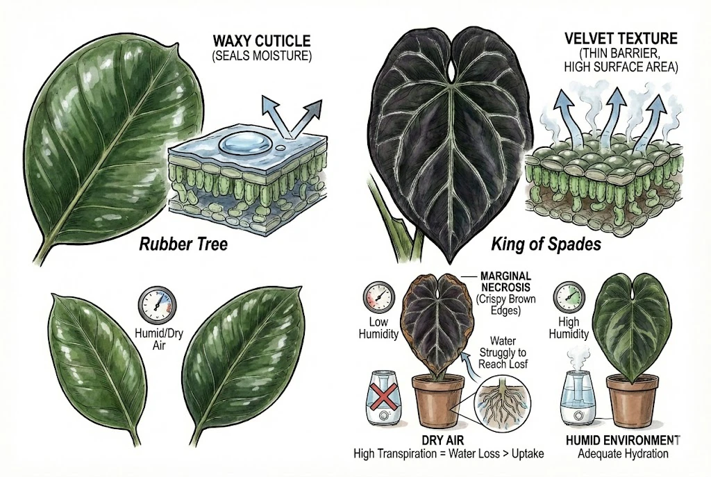 Anthurium King of Spades Care Guide:A comparison of water loss between a waxy leaf and a thin, velvet leaf in dry air.