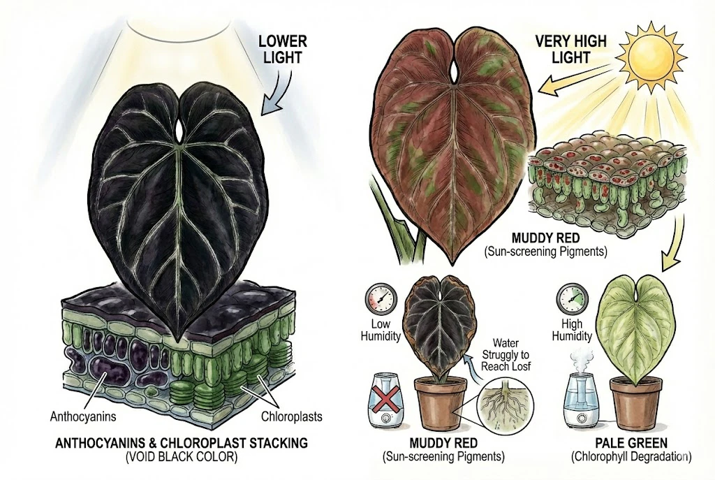 Anthurium King of Spades Care Guide:Illustrations showing how light intensity affects the leaf's black color versus red or pale green.