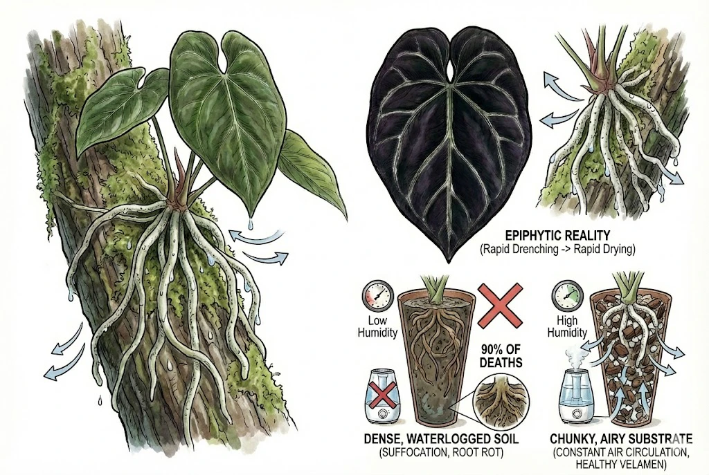 Anthurium King of Spades Care Guide:Diagrams contrasting the plant's natural epiphytic roots with potted roots in dense versus airy soil.