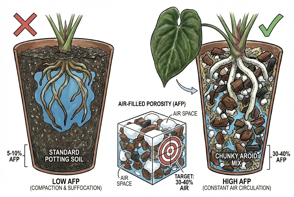Anthurium King of Spades Care Guide:A comparison of root health in low-air standard soil versus high-air chunky substrate.