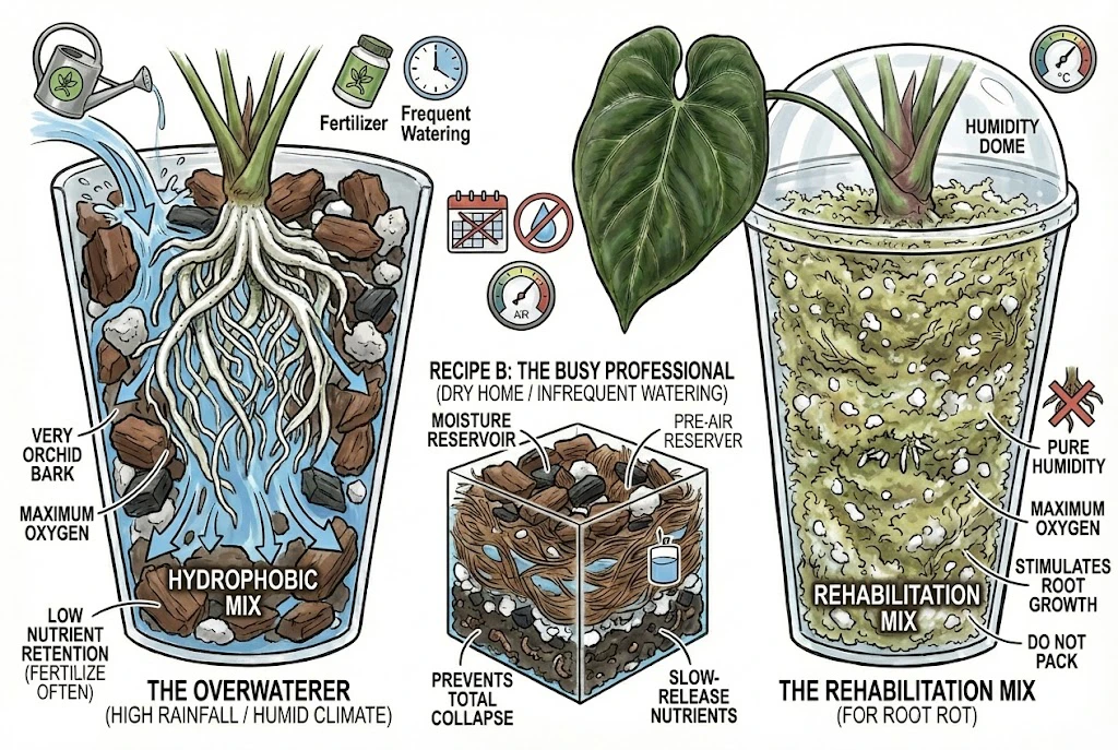 Anthurium King of Spades Care Guide:Visual recipes for three different potted soil mixes based on watering habits.