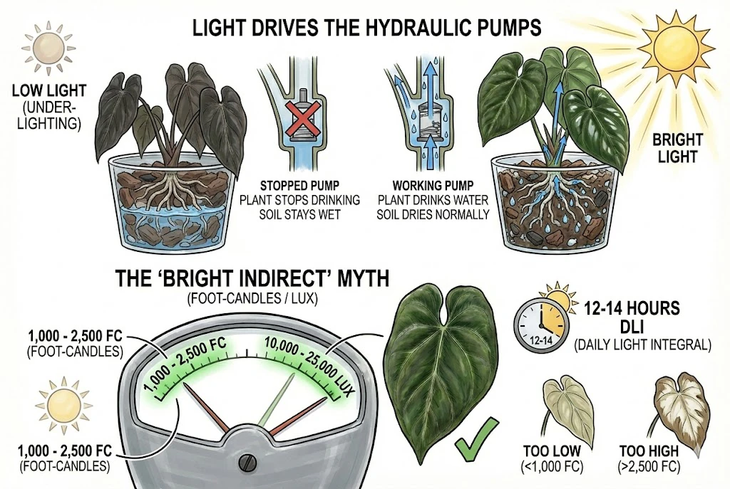 Anthurium King of Spades Care Guide:Diagrams explaining how light intensity drives water uptake and showing target light meter readings.