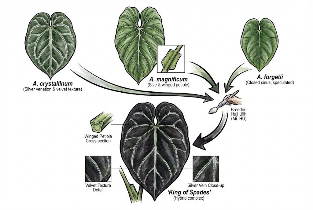 Anthurium King of Spades Care Guide: A diagram showing the hybrid origins of the Anthurium 'King of Spades'.