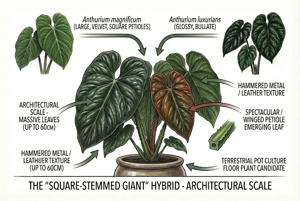 Anthurium magnificum x luxurians hybrid, a large, square-stemmed plant with its parents.