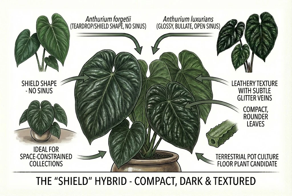 Anthurium forgetii x luxurians hybrid showing its shield-shaped leaves and parents.