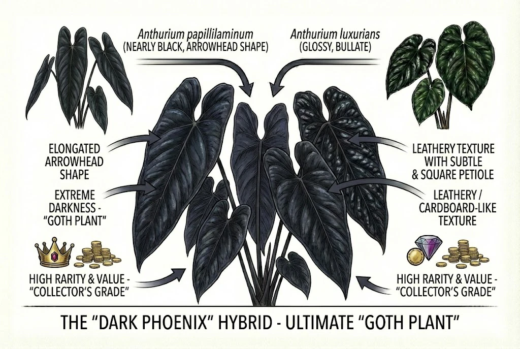 Anthurium papillilaminum x luxurians hybrid, a dark arrowhead-shaped plant with its parents.