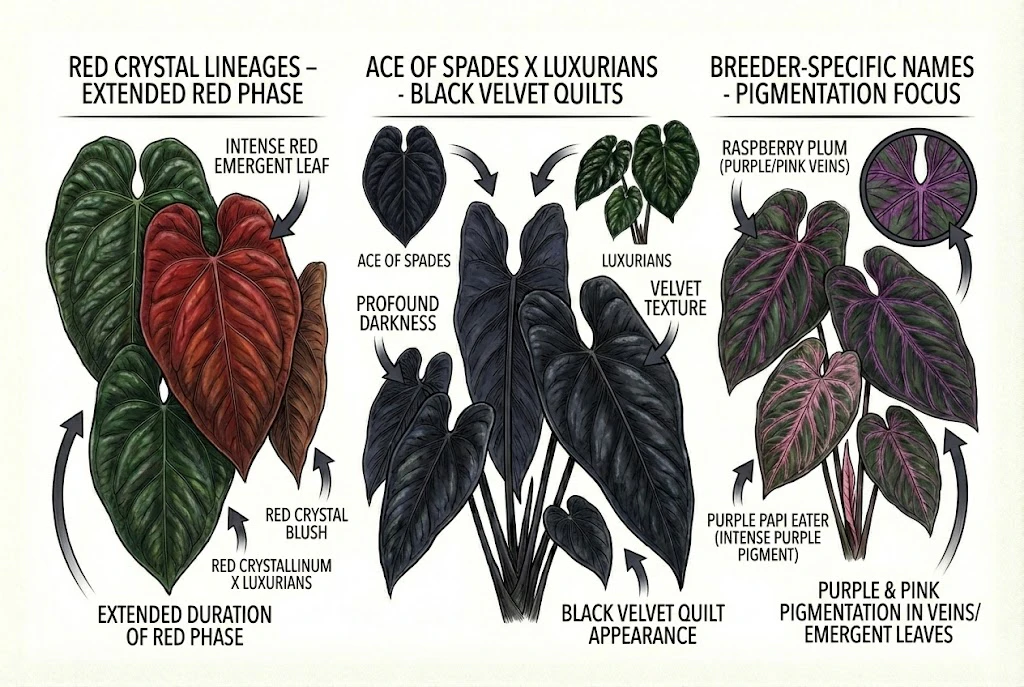 Complex Anthurium hybrid lineages: 'Red Crystal', 'Ace of Spades' x luxurians, and breeder-specific pigmented clones.