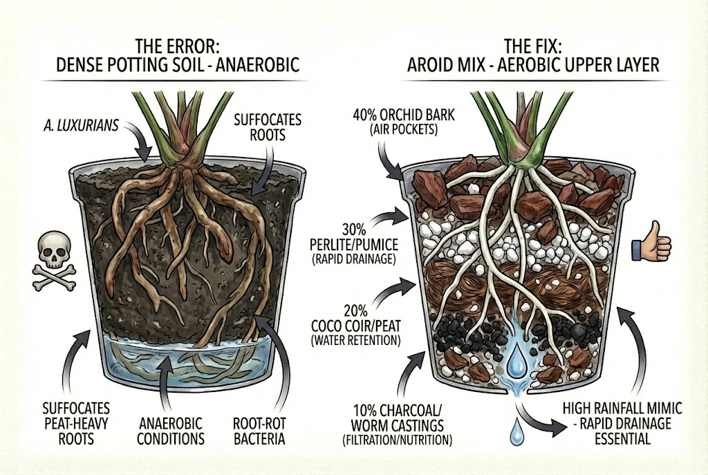 Comparison of incorrect dense soil versus the correct, airy aroid mix for Anthurium luxurians.