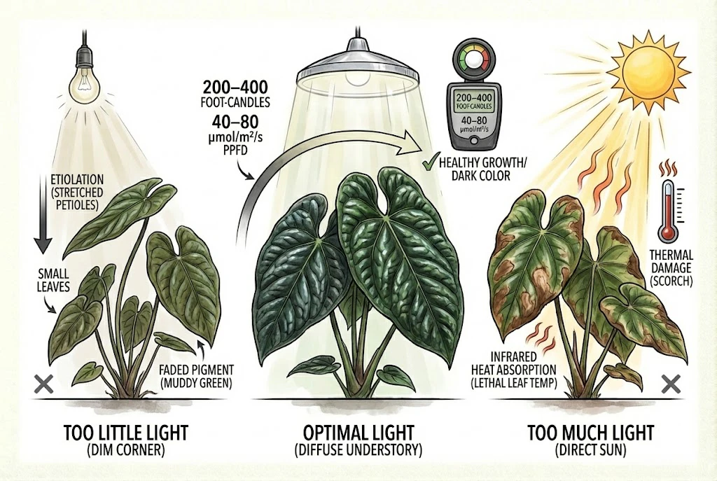 Effects of different light intensities on Anthurium luxurians growth and pigmentation.
