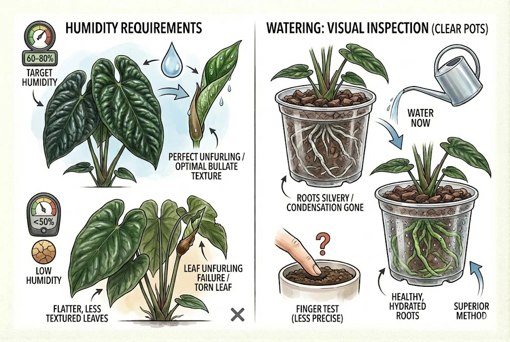 Humidity requirements for Anthurium luxurians leaf unfurling and watering techniques using clear pots.