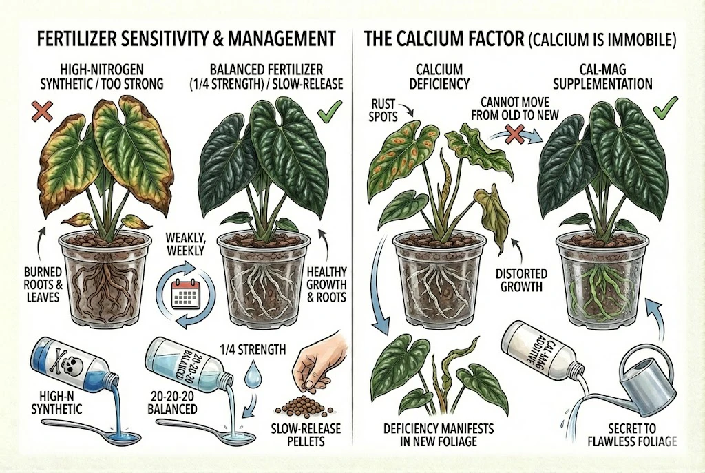 Fertilizer application, calcium deficiency symptoms, and calcium-magnesium supplementation for Anthurium luxurians.