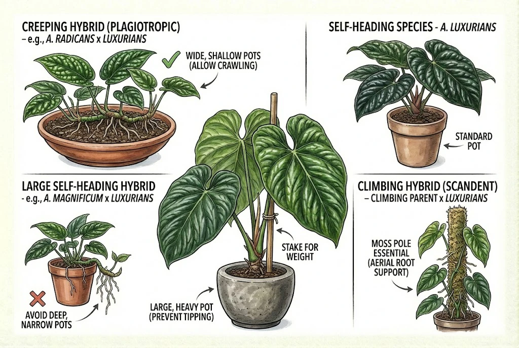 Growth habits of different Anthurium luxurians hybrids and corresponding pot selection strategies.