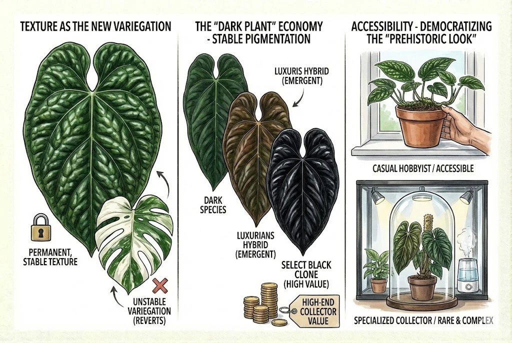 Market trends for Anthurium luxurians hybrids: stable texture vs. unstable variegation, value of dark clones, and accessibility.